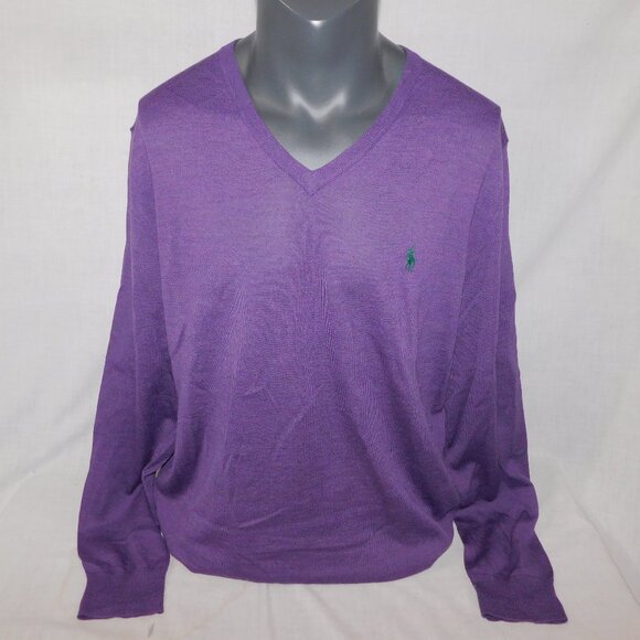 Polo Ralph Lauren Mens LT Large Tall Purple V Neck Merino Wool Light Sweater - Picture 1 of 8